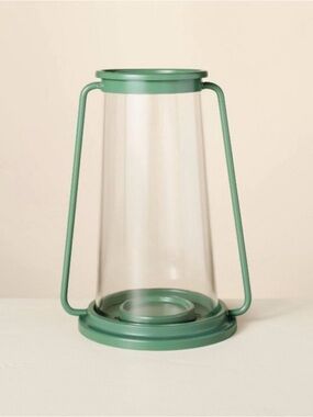 Hearth & Hand Pillar Glass & Green Metal Hurricane Candle Lantern -NWT